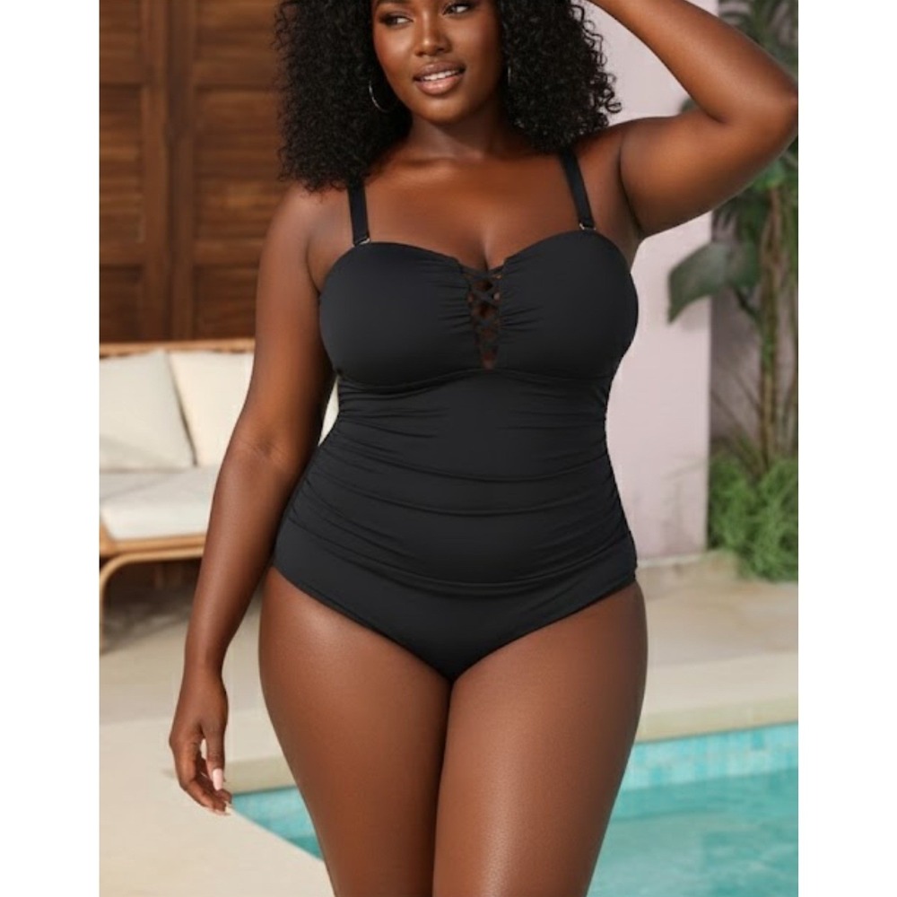 NWT YONIQUE Black One Piece Swimsuit Ruched Tummy Control Straps Size 24W
